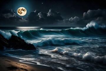 Moonlit beach with waves gently kissing the shore - obrazy, fototapety, plakaty