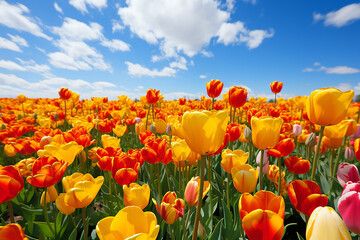 Field of colorful tulips in spring - obrazy, fototapety, plakaty