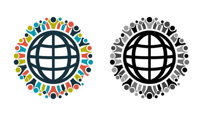 Set people Around Globe. Unity Symbol, teamwork concept. Vector illustration. 