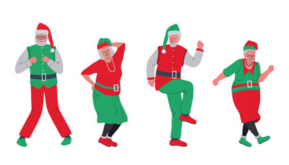 Elderly people in Christmas costumes are dancing and having fun. Christmas party. Positive active seniors. Santa Clauses and elf women. Vector illustration