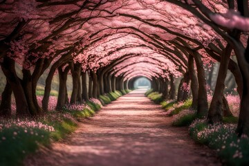 A gentle breeze causing the pink flowers in the tunnel to sway gracefully, as if dancing in a romantic ballet.
