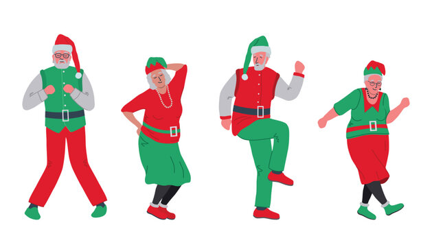 Elderly people in Christmas costumes are dancing and having fun. Christmas party. Positive active seniors. Santa Clauses and elf women. Vector illustration
