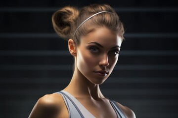 Girl dancer portrait. Athletic woman with ponytail hairstyle.