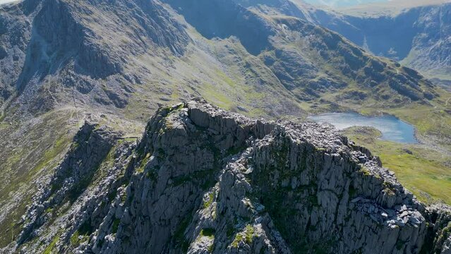 Drone flying around Tryfan Snowdonia, overlooking Ogwen Valley