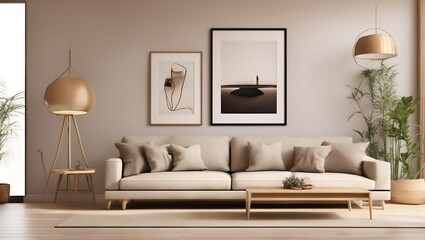 Modern scandinavian living room interior with black mock up poster frame