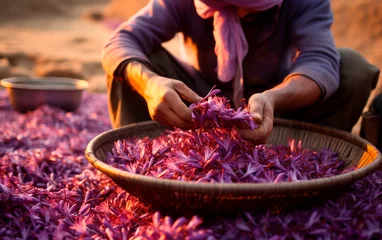 Fotobehang Growing saffron. Manual labor when collecting and processing crocus flowers. © serperm73