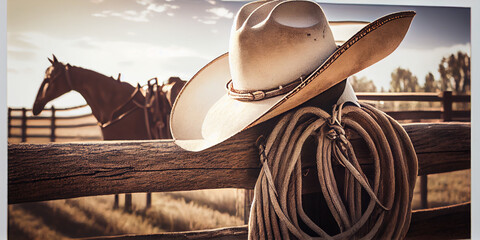 A cowboy hat and lasso hang from the ranch's wooden fence. AI generated. - obrazy, fototapety, plakaty