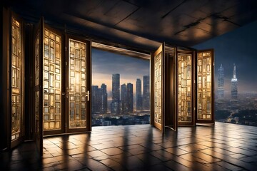 Graceful open doors  a captivating cityscape with dazzling lights, portraying an urban scene filled with energy and sophistication
