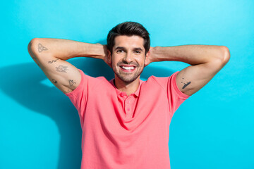 Portrait young cheerful smiling guy brunet hair take nap sleeping wearing pink t shirt with tattoo...