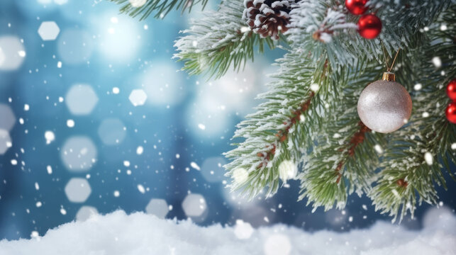 Beautiful Winter Landscape with snovy Fir Tree Branches and Cones in Snowy Forest. Christmas and New Year greeting card. Winter banner with copy space.