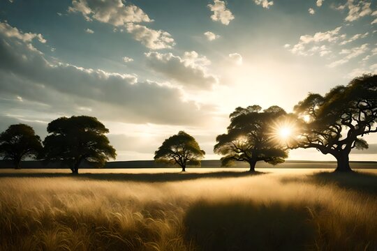 A tranquil grassy plain, where a sunlit tree stands as a symbol of nature's beauty.