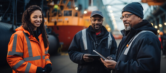 Multiethnic female industrial engineer with tablet and american male supervisor in safe helmet stand in container terminal. VFX cranes work in the background. High quality - obrazy, fototapety, plakaty