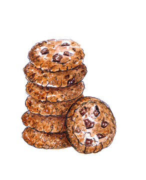 Watercolor drawing of cookies with chocolate on a white background.