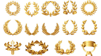Set of golden ribbons, laurel wreaths of different shapes for winners gold podium 3d realistic luxury leadership award, isolated on transparent background. PNG file, Generative Ai. - obrazy, fototapety, plakaty