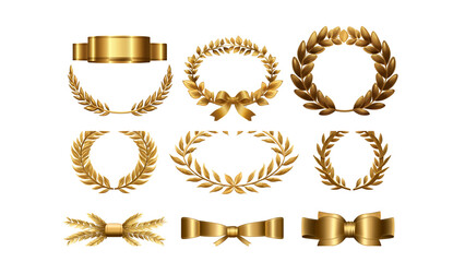 Set of golden ribbons, laurel wreaths of different shapes for winners gold podium 3d realistic luxury leadership award, isolated on transparent background. PNG file, Generative Ai.