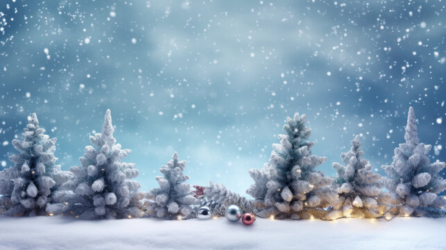 Beautiful Winter Landscape with snovy Fir Tree Branches and Cones in Snowy Forest. Christmas and New Year greeting card. Winter banner with copy space.