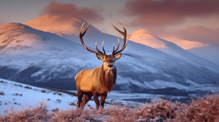 Composite image of red deer stag in Beautiful Alpen Glow hitting mountain peaks in Scottish Highlands during stunning Winter landscape sunrise. Generative Ai.