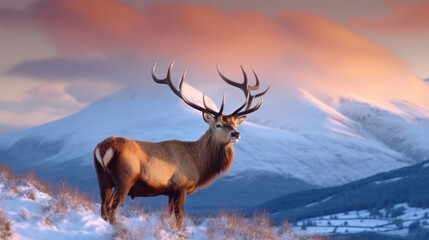 Composite image of red deer stag in Beautiful Alpen Glow hitting mountain peaks in Scottish Highlands during stunning Winter landscape sunrise. Generative Ai.