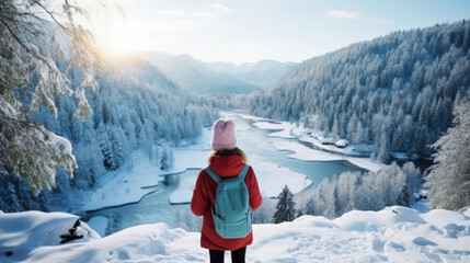 Fototapeta na wymiar Back view of pre-teen girl enjoying breathtaking view of winter landscape. Generative Ai.