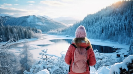 Fototapeta na wymiar Back view of pre-teen girl enjoying breathtaking view of winter landscape. Generative Ai.
