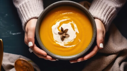 Female hands in yellow knitted sweater holding a bowl with pumpkin cream soup on dark stone background with spoon decorated with cut fresh pumpkin, top view. Autumn cozy dinner concept. Generative Ai.