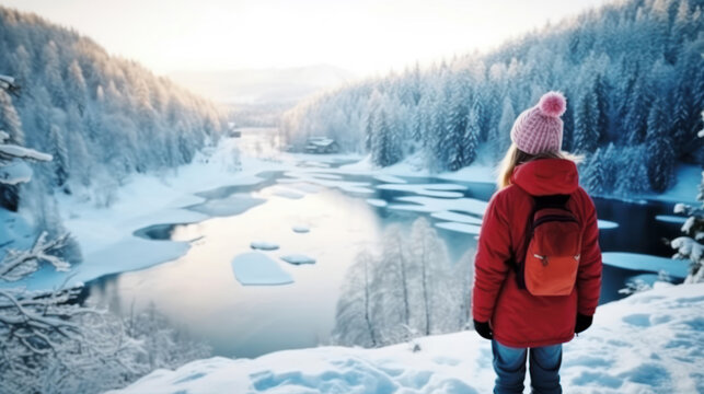 Back view of pre-teen girl enjoying breathtaking view of winter landscape. Generative Ai.