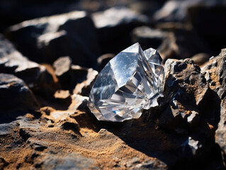 A raw diamond rests amidst rugged rocks, catching light with its natural facets.