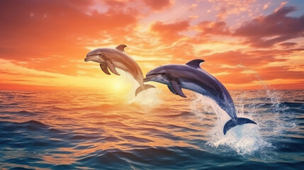 Dolphins jumping out of the water poster with copy space. Generative Ai.
