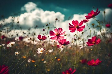A cosmos flower field during a windy day, with petals and leaves in dynamic motion, against a backdrop of fast-moving clouds, all captured in a lively, high-contrast vintage style.