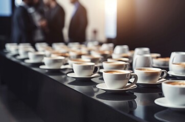 Coffee break table at business conference. Businesspeople networking meeting with beverage buffet. Generate ai