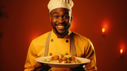 Male African-American chef with tasty dish on color background. Generative Ai.