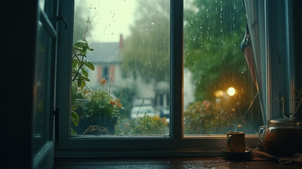 Rainy day outside the window. Generative Ai. - obrazy, fototapety, plakaty