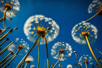 Up-close view of yellow dandelion heads against a deep blue sky, capturing nature's beauty.