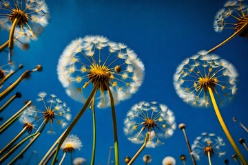 Obraz premium Up-close view of yellow dandelion heads against a deep blue sky, capturing nature's beauty.