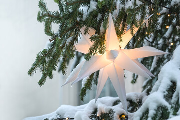 Illuminated white Moravian star (German Herrnhuter Stern) hanging in a snow covered Christmas fir...