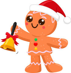 Cute Christmas Gingerbread Man Cartoon Character Ringing A Bell. Illustration Isolated On Transparent Background