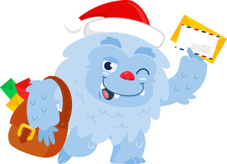 Cute Christmas Yeti Bigfoot Cartoon Character Delivering Letter. Illustration Isolated On Transparent Background
