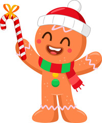 Cute Christmas Gingerbread Man Cartoon Character Holding Up A Candy Cane. Illustration Isolated On Transparent Background