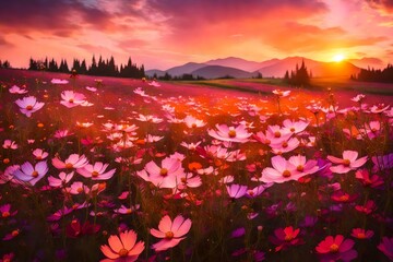 A field of cosmos flowers during a vibrant sunset, with shades of orange, pink, and purple in the sky creating a dramatic backdrop for the delicate flowers, captured with a warm vintage color palette.