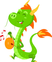 Cute Chinese Dragon Cartoon Character Walking With A Drum. Illustration Isolated On Transparent Background