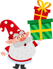 Cute Christmas Gnome Cartoon Character Holding Up Gift Boxes. Illustration Isolated On Transparent Background