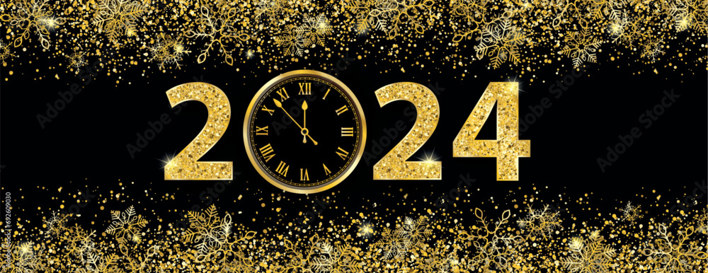Wall mural clock 2024 golden sand particles snowflakes header