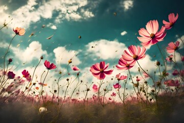 A cosmos flower field during a windy day, with petals and leaves in dynamic motion, against a backdrop of fast-moving clouds, all captured in a lively, high-contrast vintage style.