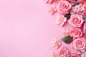 Pink sweet flowers on a pink background with copy space, for wedding, Valentine's Day , anniversary card, Generative AI