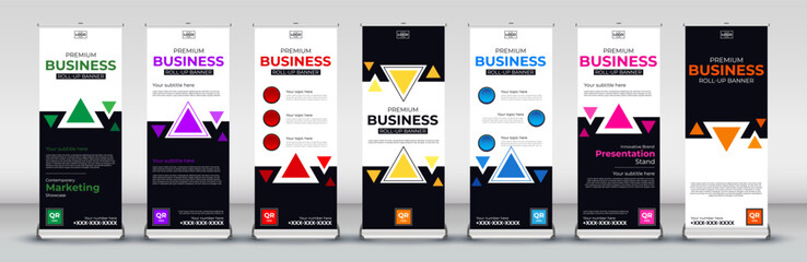 abstract business roll up Banner Design Signboard Advertising standee Template for X banner and Street Business Flag of Convenience Layout in Green, purple, red, orange, blue, pink and yellow