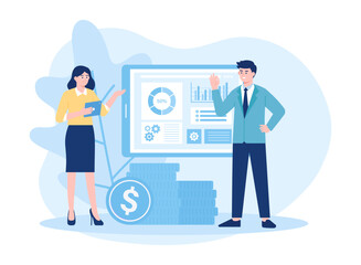 a woman explaining her work to a man concept flat illustration