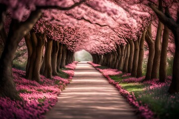 A gentle breeze causing the pink flowers in the tunnel to sway gracefully, as if dancing in a...