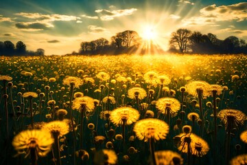 Obraz premium Sunlight filtering through a field of golden dandelions, set against the backdrop of a vivid blue sky.