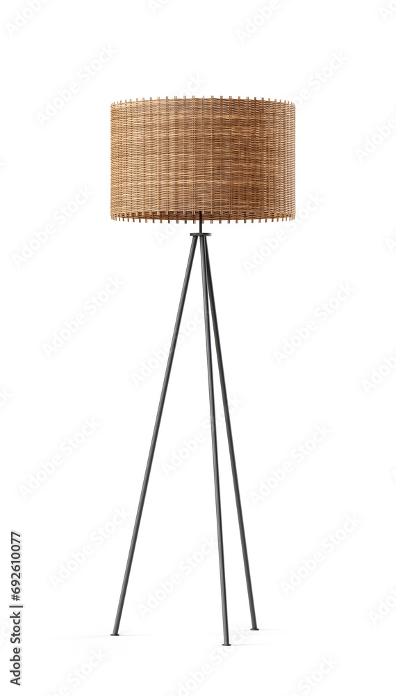 Poster Metal tripod floor lamp with wicker shade isolated on transparent background. Clipping path included. 3D render.