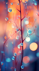 Color Contrast in Bokeh: Circular Light Spots with Blue & Orange Spectrum - Nature Detail: Dew Droplets on Stems with Colorful Bokeh - Abstract Beauty & Morning Freshness